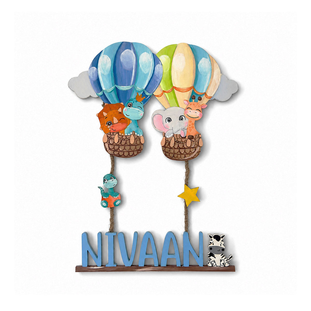 Animal and Dinosaur Themed  Hand-Painted Wooden Kids Name Plate - Design 2