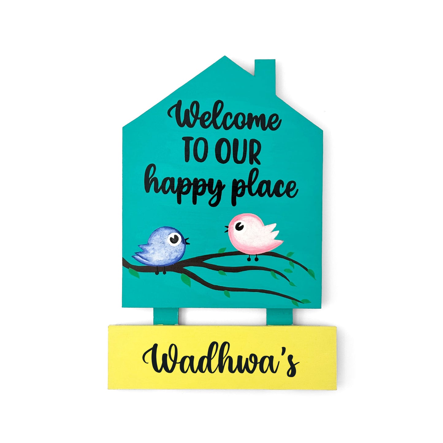 Birds Themed Hut-Shaped Hand-Painted Wooden Name Plate For Home - Hut & One Plank