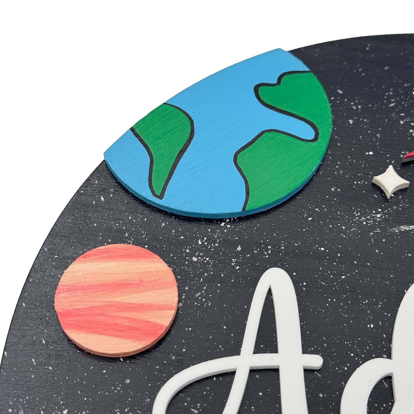 Space Themed Hand-Painted Wooden Round Kids Name Plate - Design 1