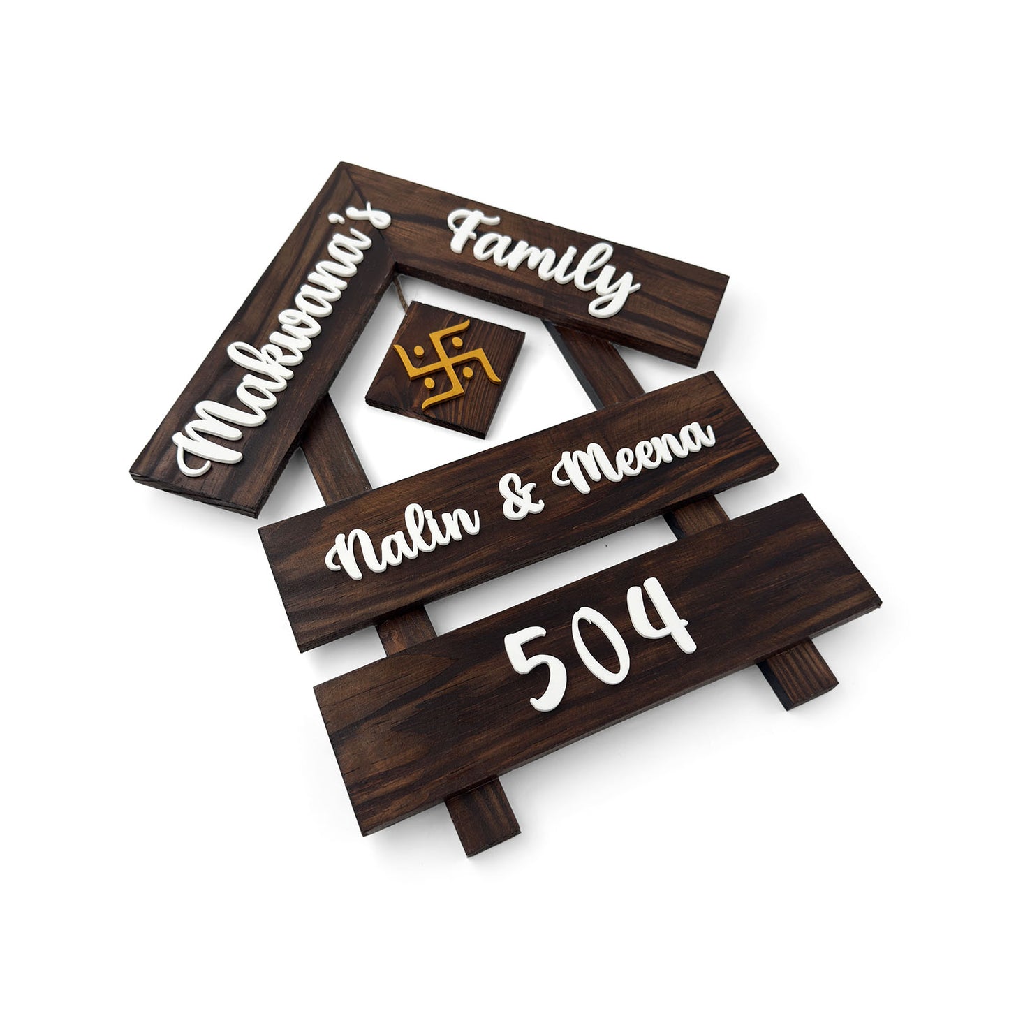 House With Roof And Double Plank Hand-Painted Wooden Hut-Shaped Name Plate For Home - Wooden Finish