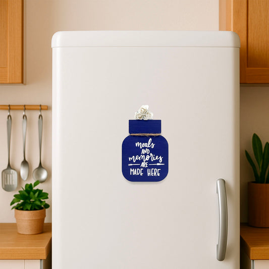 Meals And Memories Are Made Here Hand-Painted Wooden Mason Jar Fridge Magnet - Blue