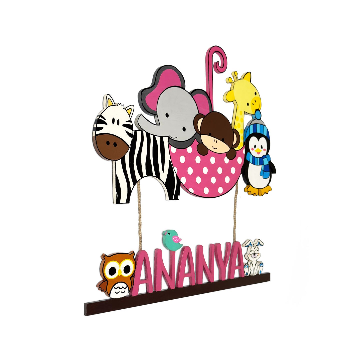Animal Themed Hand-Painted Wooden Kids Name Plate - Design 1
