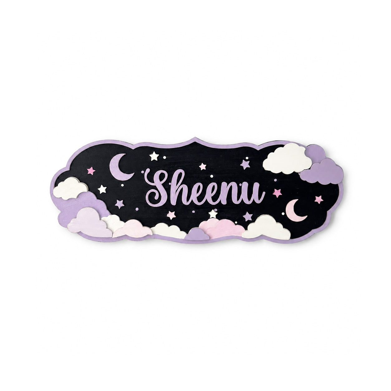 Moon, Clouds & Stars Themed Hand-Painted Wooden Kids Name Plate - Design 1
