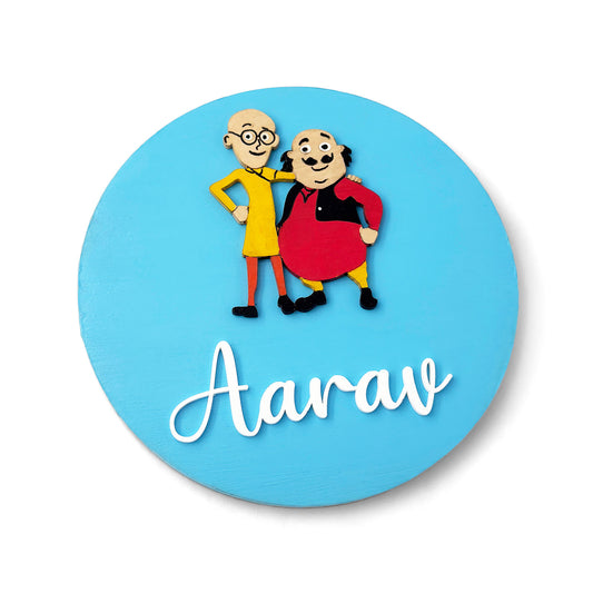 Motu Patlu Themed Hand-Painted Wooden Name Plate For Kids