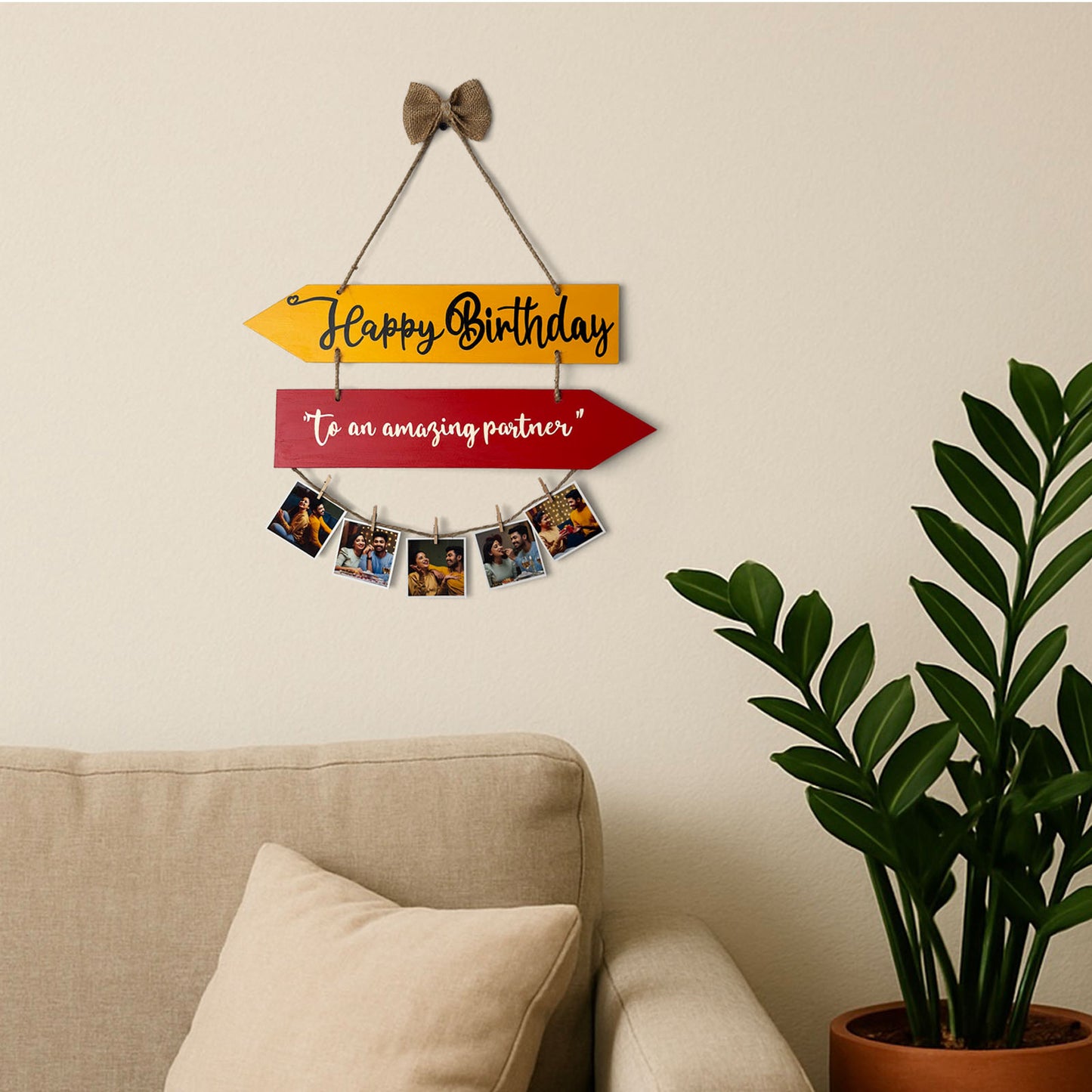 Happy Birthday To An Amazing Partner Hand-Painted Wooden Photo Holder - Yellow & Red