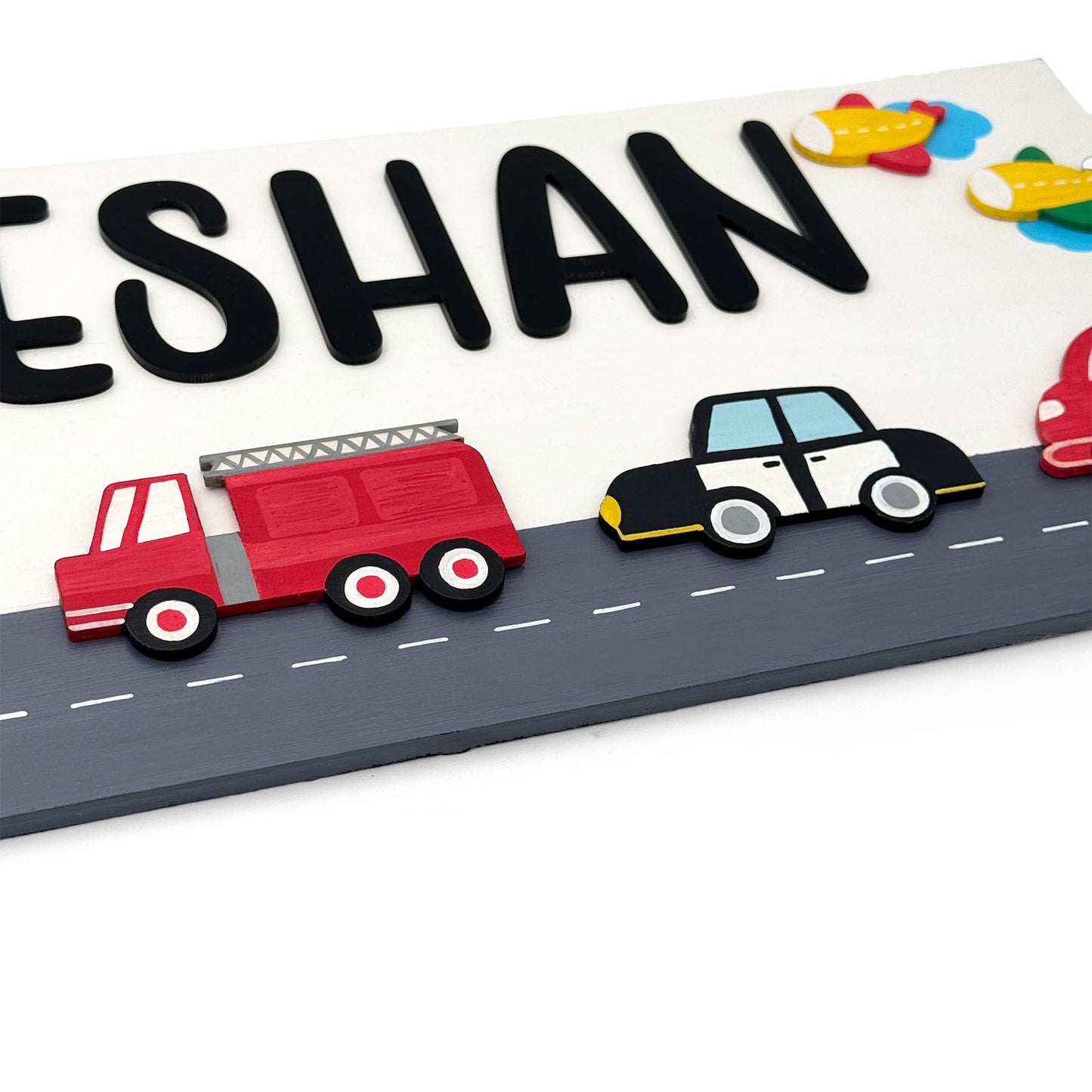 Vehicles Themed Hand-Painted Wooden Kids Name Plate - White