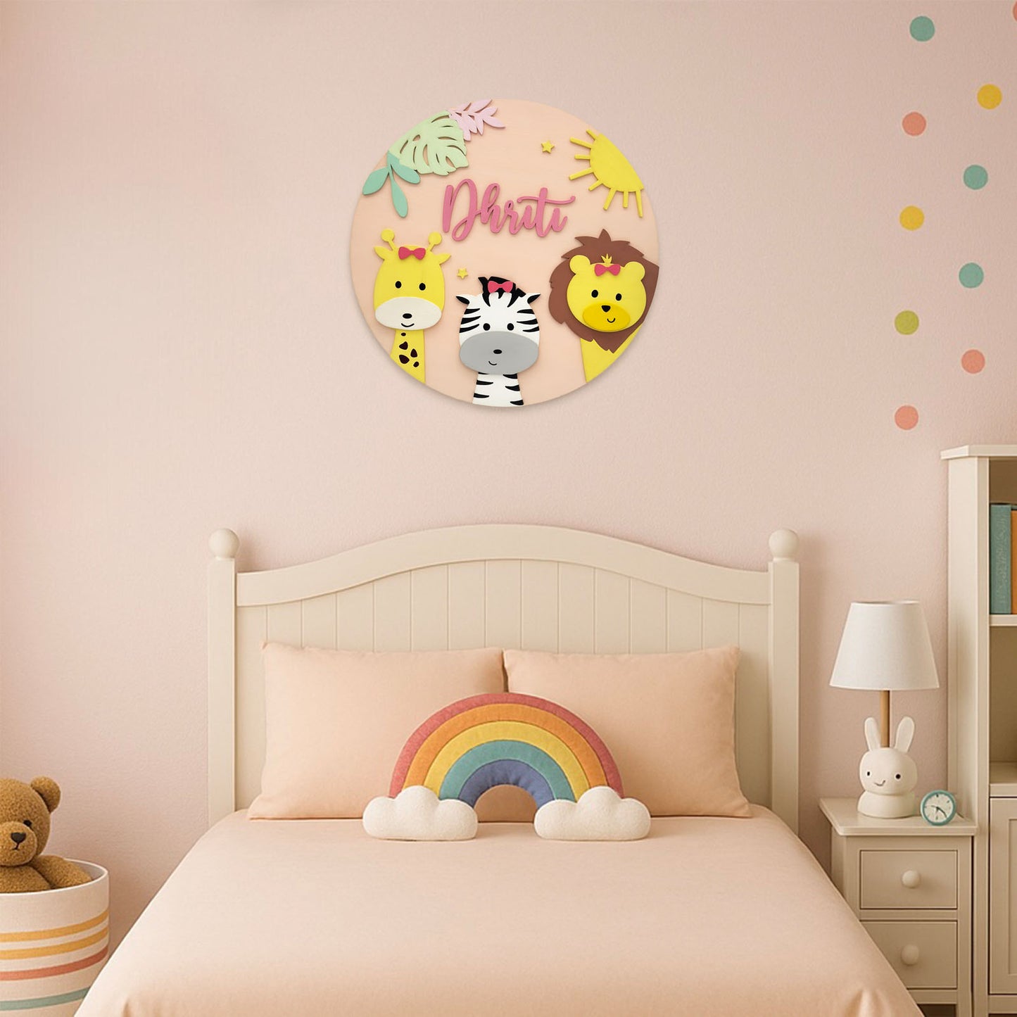 Animal Themed Hand-Painted Wooden Round Kids Name Plate - Design 1
