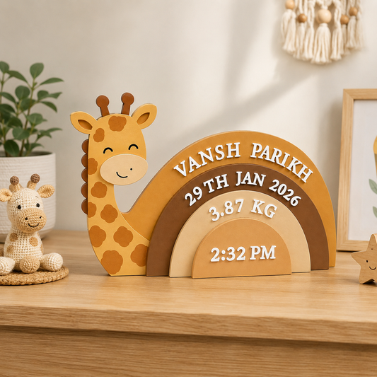 Giraffe Themed Hand-Painted Wooden Personalised Baby Birth Details Name Plate