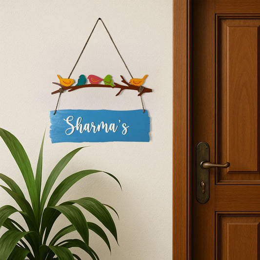 Birds Themed Hand-Painted Wooden Name Plate For Home - One Plank
