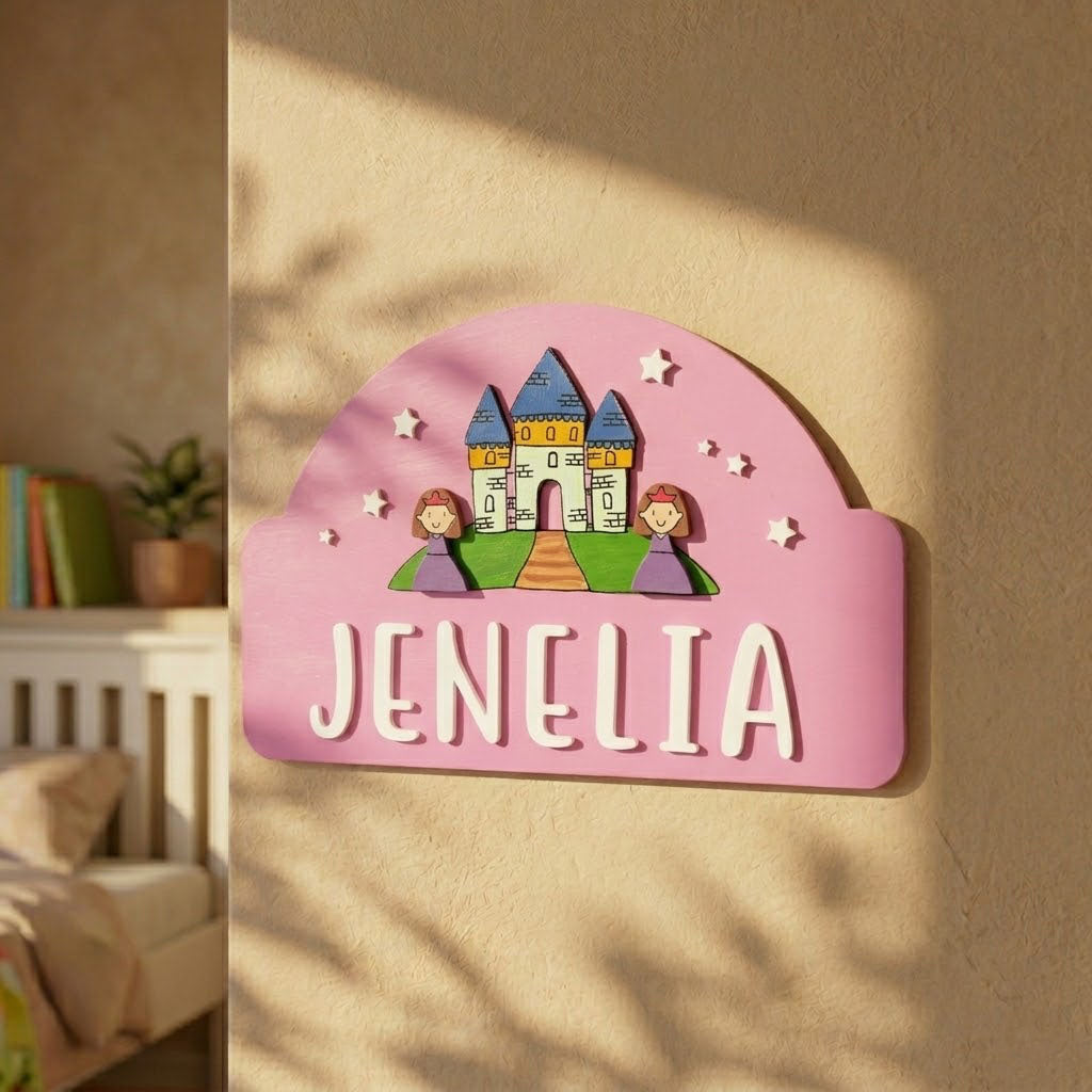 Princess Themed Hand-Painted Wooden Arch-Shaped Kids Name Plate