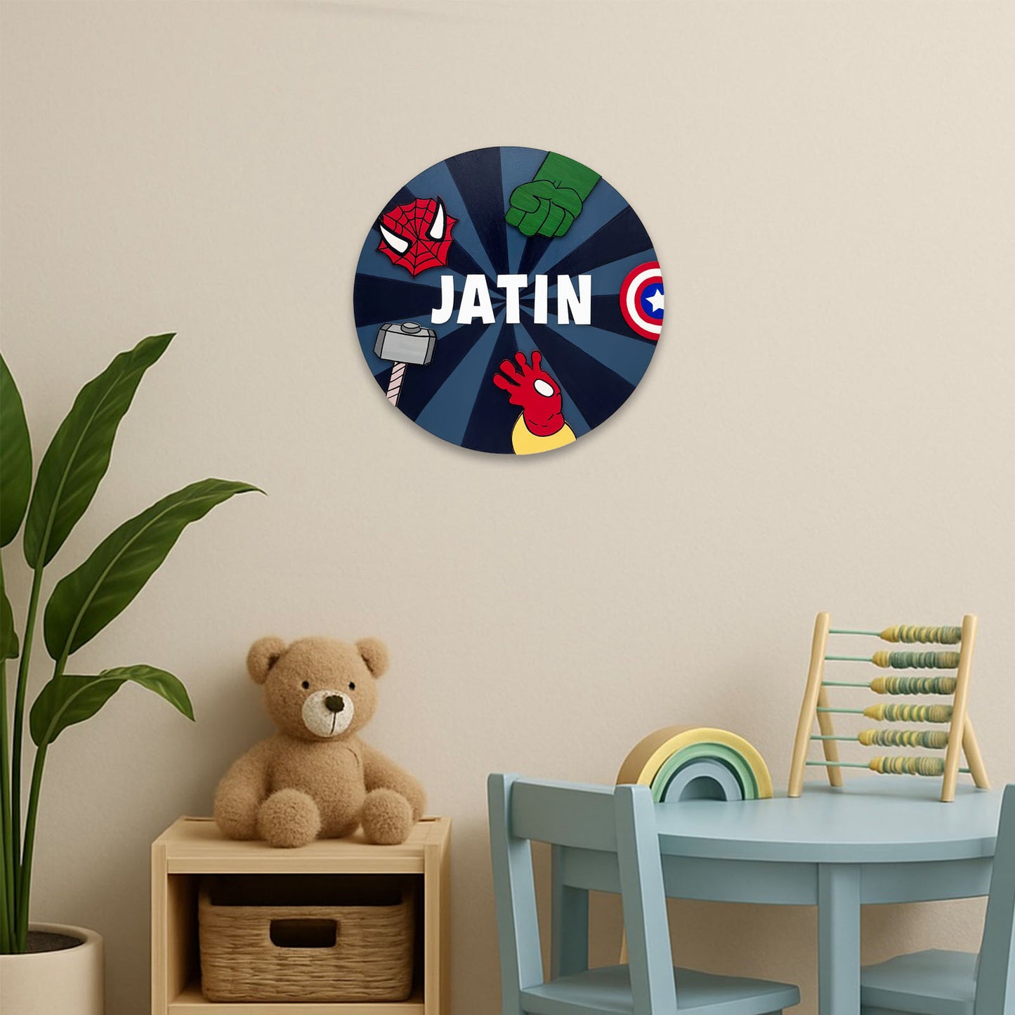 Avengers Themed Hand-Painted Wooden Round Kids Name Plate