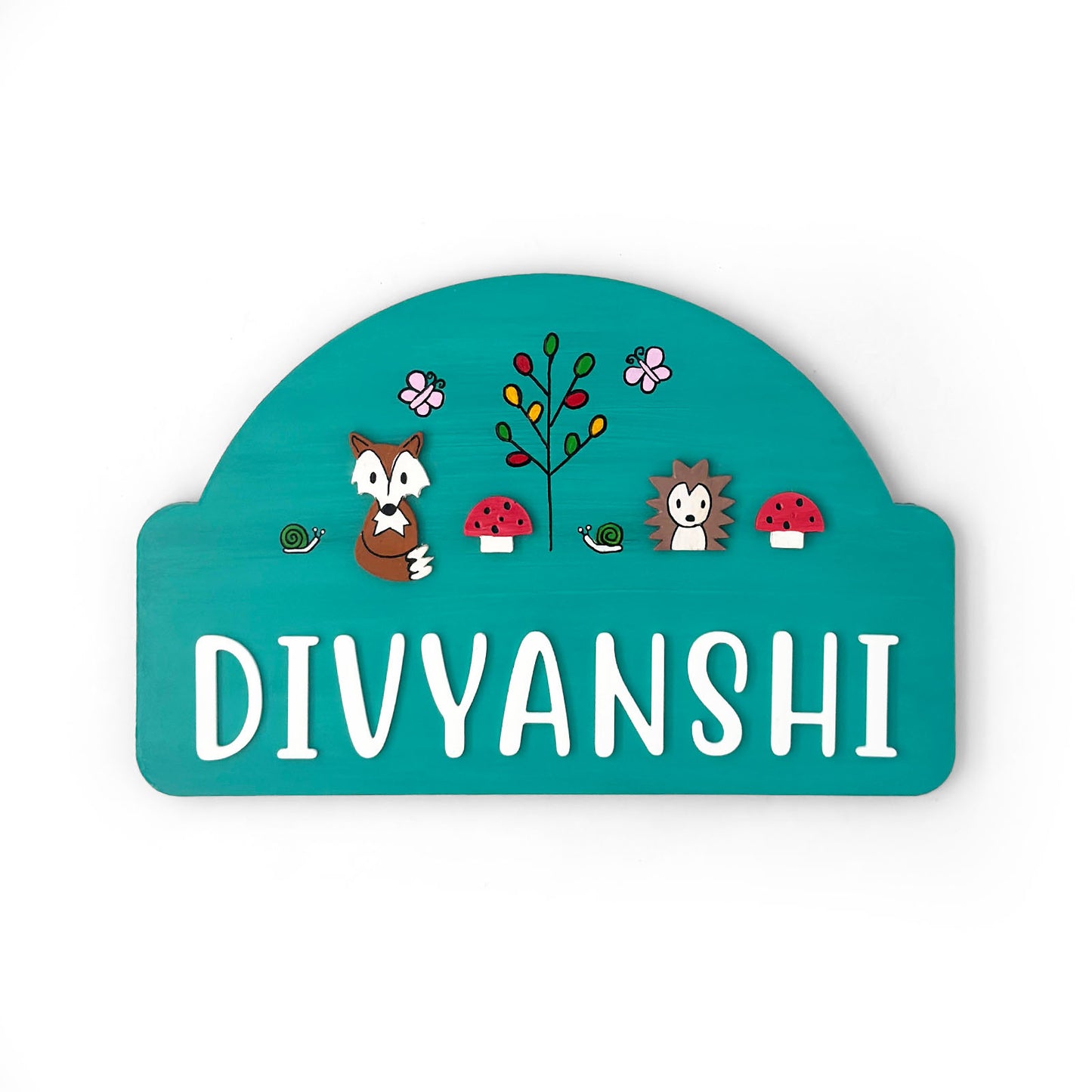 Woodland Animals Themed Hand-Painted Wooden Arch-Shaped Kids Name Plate