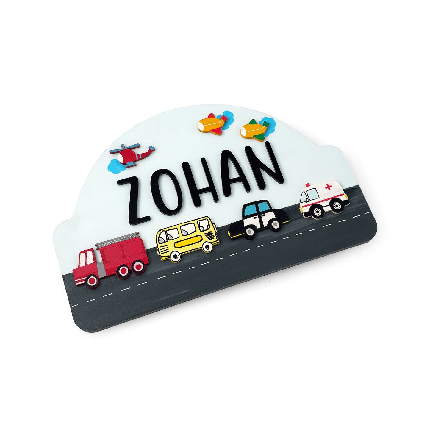 Vehicles Themed Hand-Painted Wooden Arch-Shaped Kids Name Plate