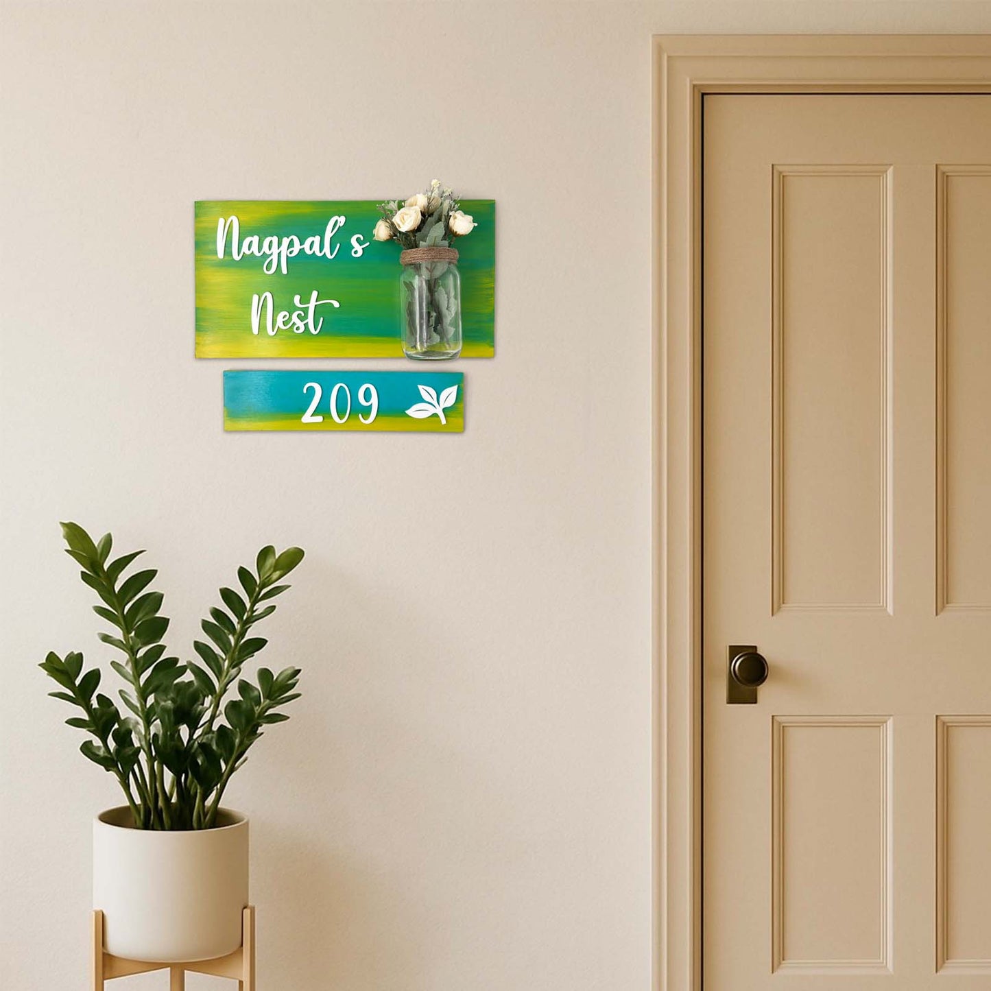 Hand-Painted Wooden Name Plate With Jar For Home - Jar Board & One Plank