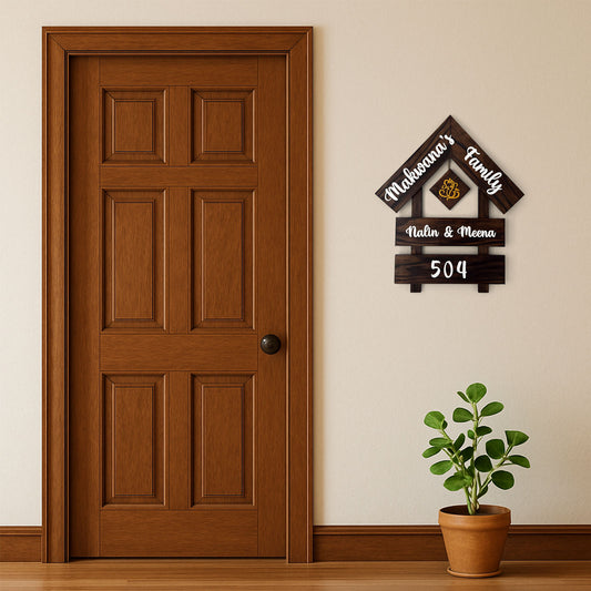 House With Roof And Double Plank Hand-Painted Wooden Hut-Shaped Name Plate For Home - Wooden Finish