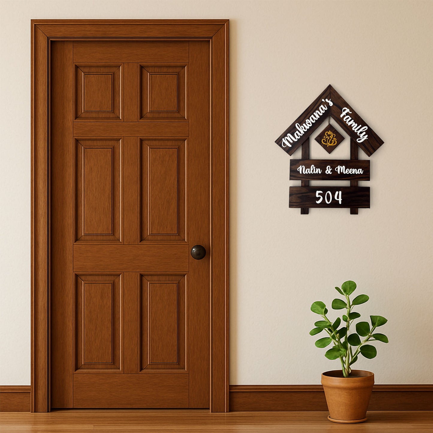House With Roof And Double Plank Hand-Painted Wooden Hut-Shaped Name Plate For Home - Wooden Finish