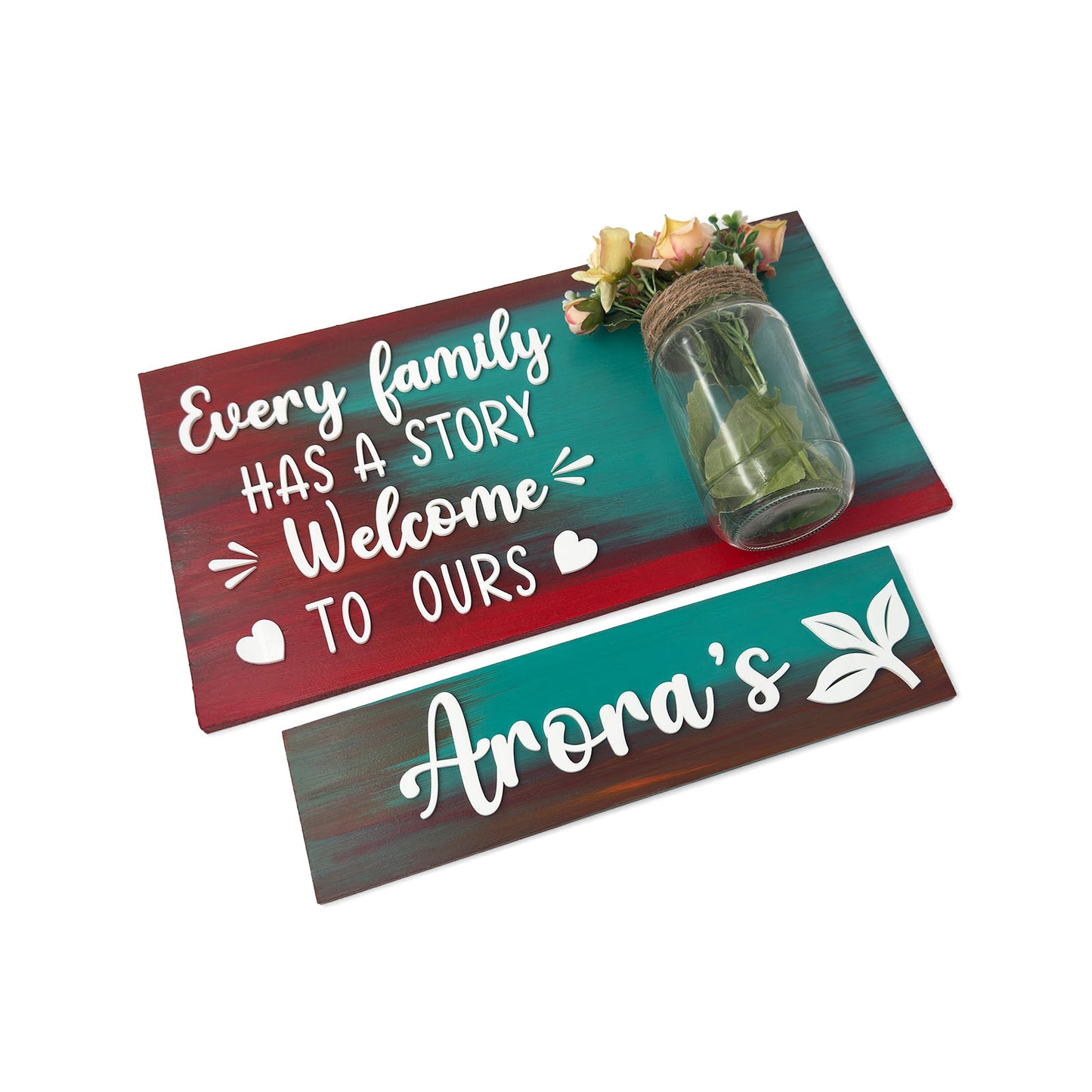 Every Family Has A Story Welcome To Ours Hand-Painted Wooden Name Plate With Jar For Home - Jar Board & One Plank