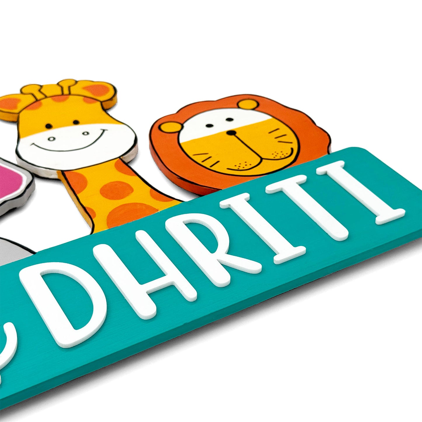 Animal Themed Hand-Painted Wooden Kids Name Plate - Teal
