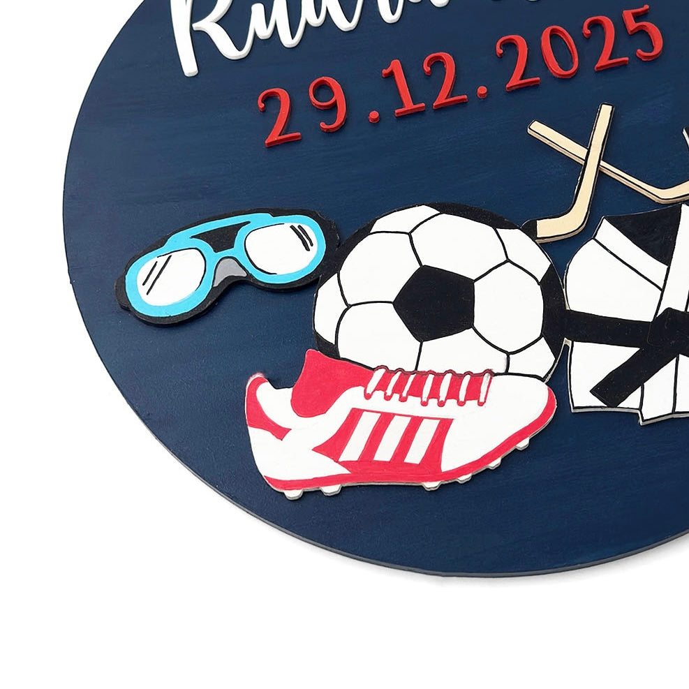 Sports Themed Hand-Painted Wooden Round Kids Name Plate - Design 1