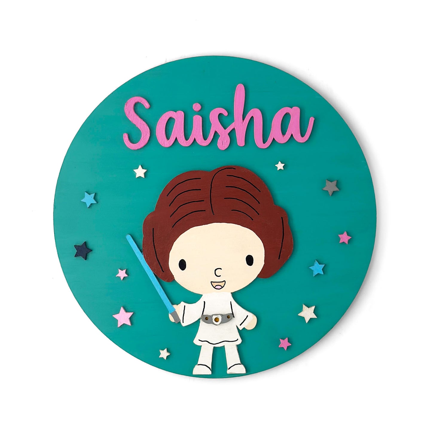 Star Wars Princess Leia Themed Hand-Painted Wooden Round Kids Name Plate