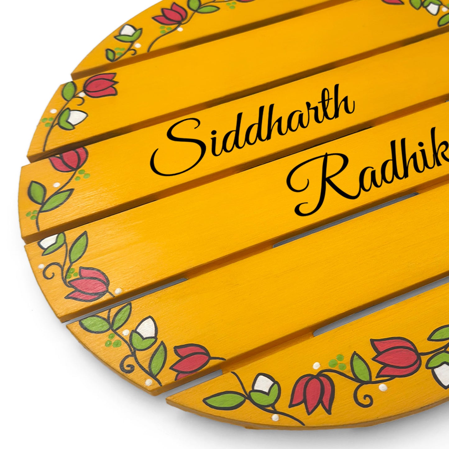 Lotus Bud Artwork Hand-Painted Wooden Madhubani Round Name Plate For Home