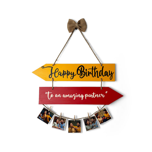 Happy Birthday To An Amazing Partner Hand-Painted Wooden Photo Holder - Yellow & Red