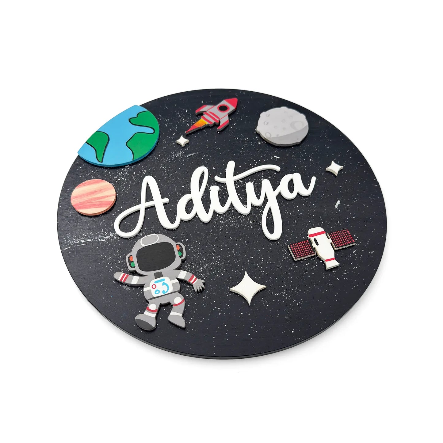 Space Themed Hand-Painted Wooden Round Kids Name Plate - Design 1