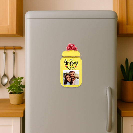 My Happy Place Hand-Painted Wooden Jar Fridge Magnet With Photo - Yellow