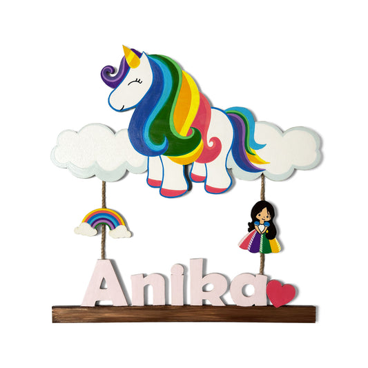 Unicorn Themed Hand-Painted Wooden Kids Name Plate - Design 3