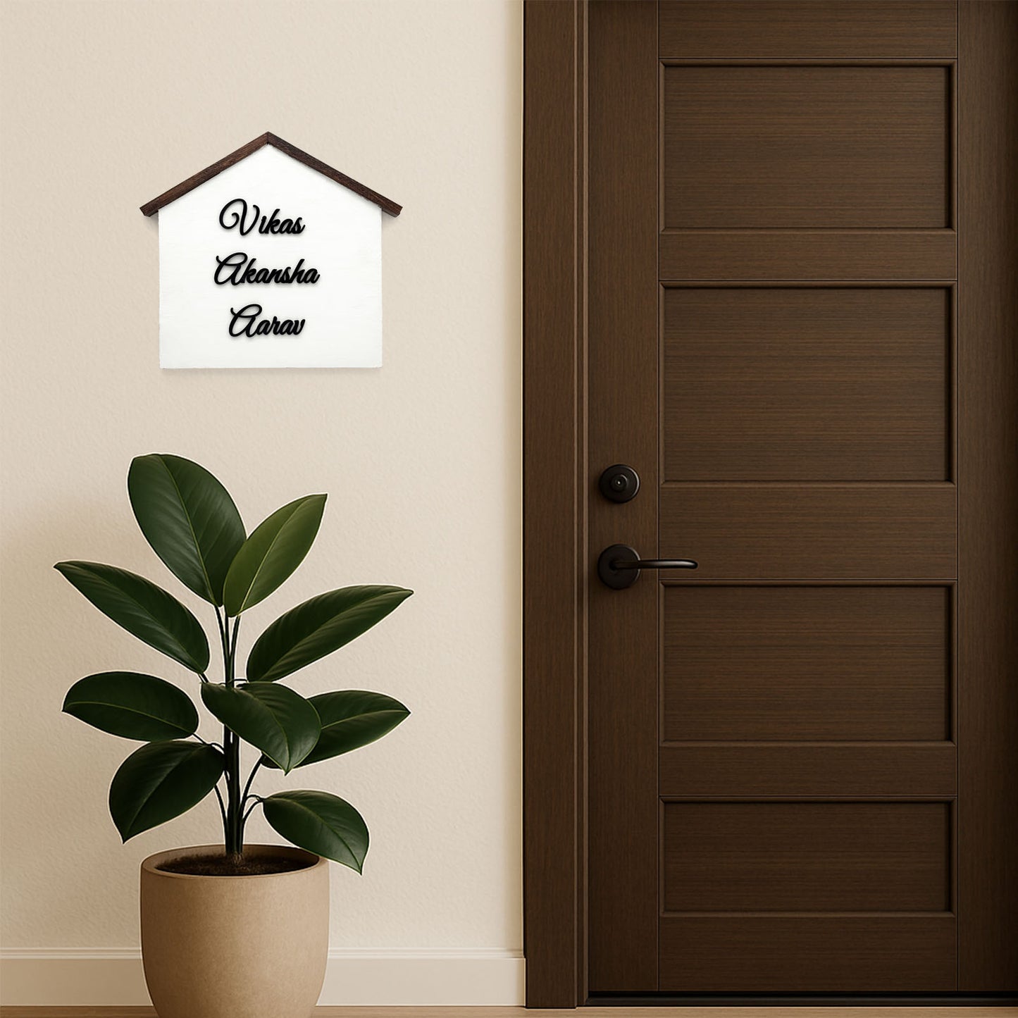 Hut Shaped Hand-Painted Wooden Name Plate For Home - White