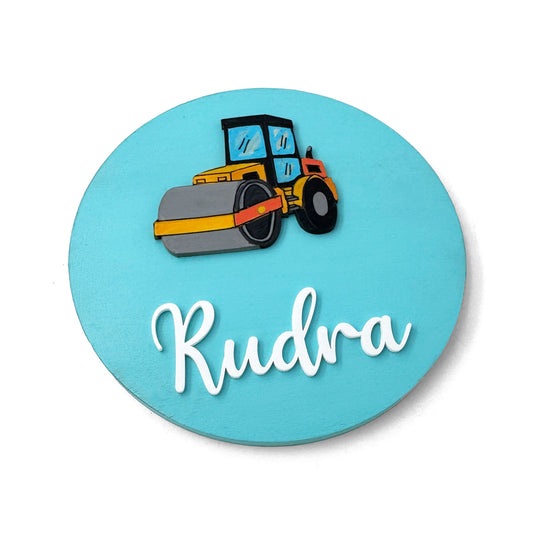 Road Roller Themed Hand-Painted Wooden Name Plate For Kids
