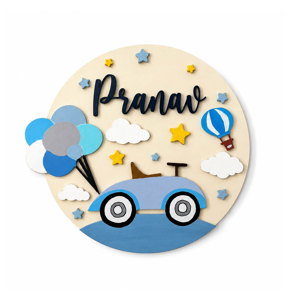 Car Themed Hand-Painted Wooden Round Kids Name Plate - Design 1
