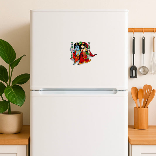 Krishna Ji With Radha Hand-Painted Wooden Fridge Magnet