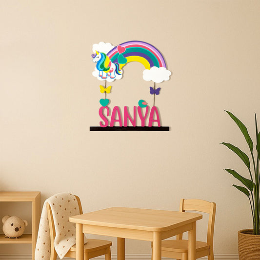 Unicorn Themed Hand-Painted Wooden Kids Name Plate - Design 2
