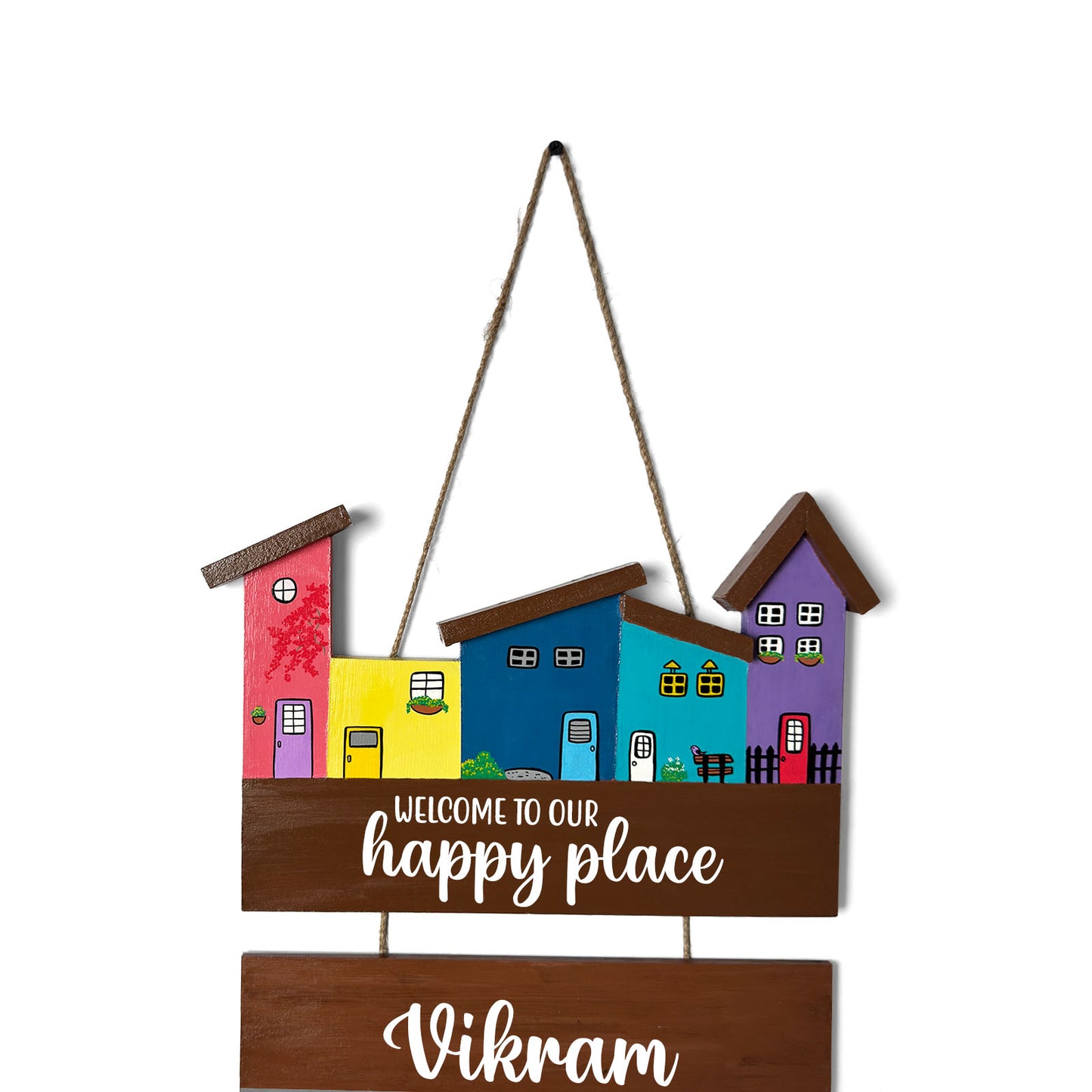 Hut-Shaped Hand-Painted Wooden Name Plate For Home - Hut Board & Four Planks Design 3