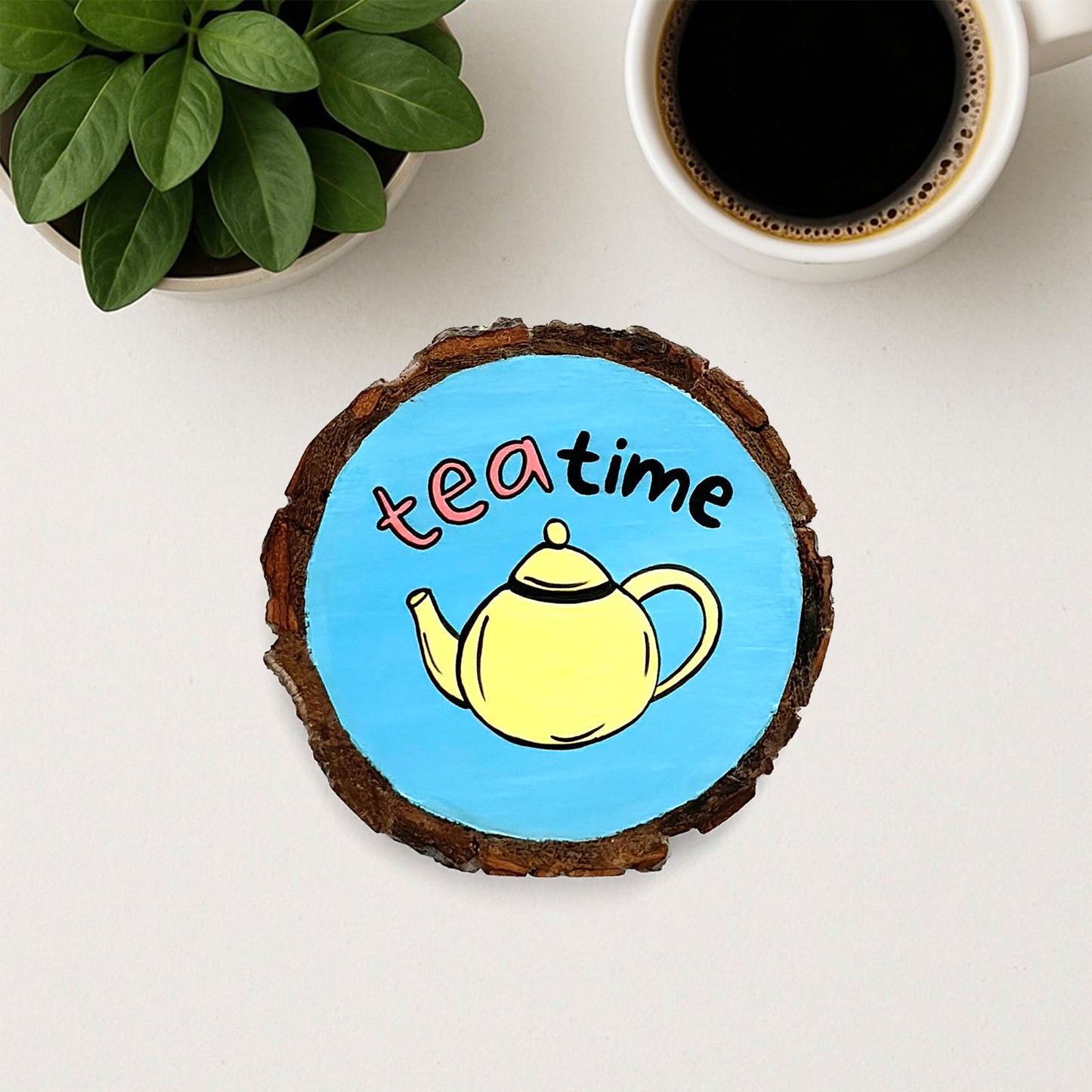 Tea Time Hand-Painted Wooden Coaster