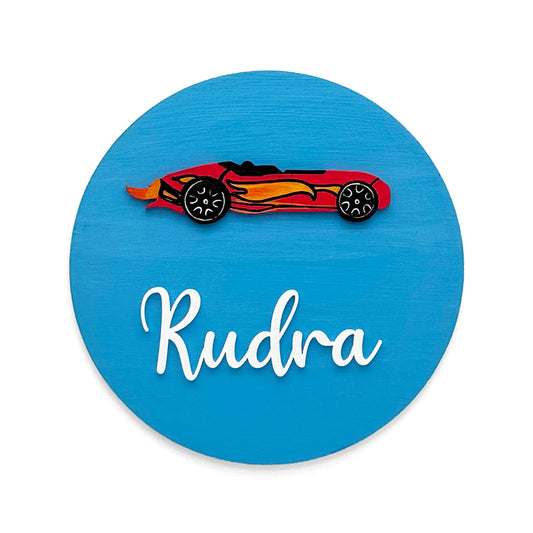 Hot Wheels Car Themed Hand-Painted Wooden Mini Kids Name Plate
