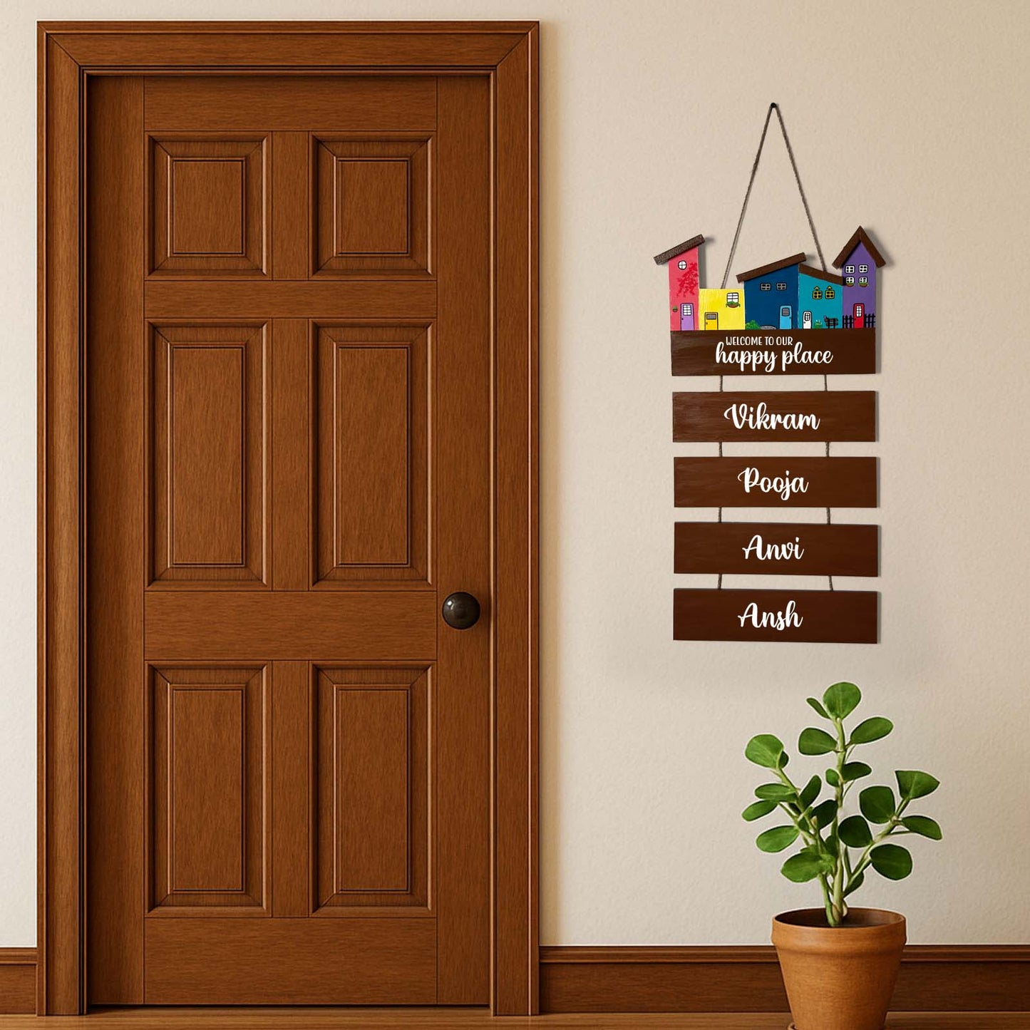 Hut-Shaped Hand-Painted Wooden Name Plate For Home - Hut Board & Four Planks Design 3