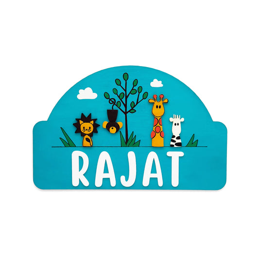 Animal Themed Hand-Painted Wooden Kids Name Plate - Blue