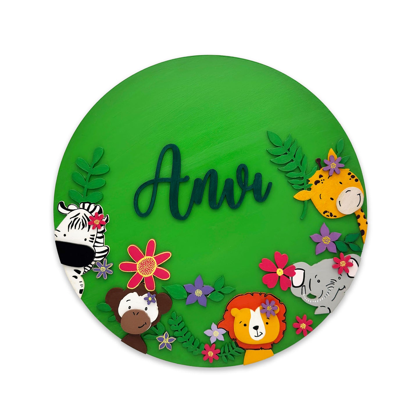Animal Themed Hand-Painted Wooden Round Kids Name Plate - Design 2