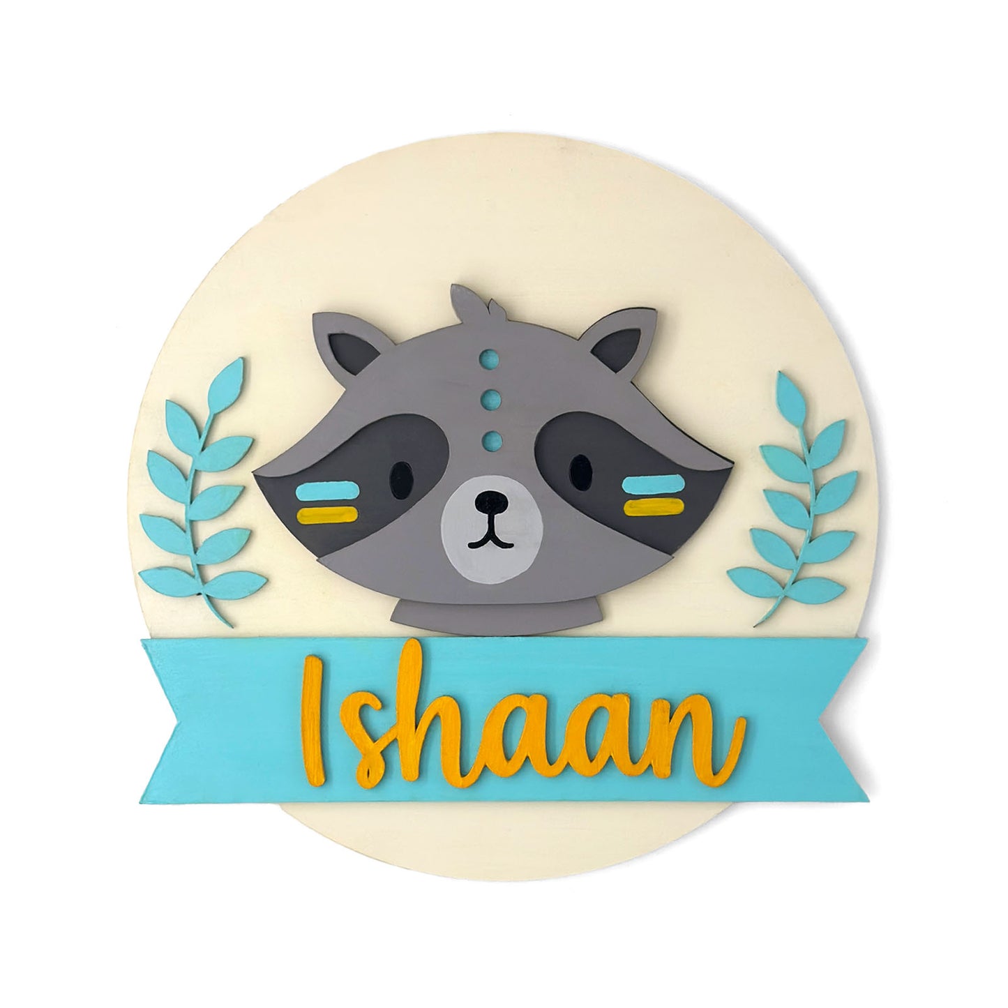 Racoon Themed Hand-Painted Wooden Round Kids Name Plate - Design 1