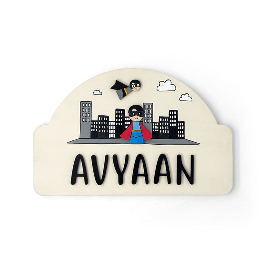 Superhero Themed Hand-Painted Wooden Arch-Shaped Kids Name Plate