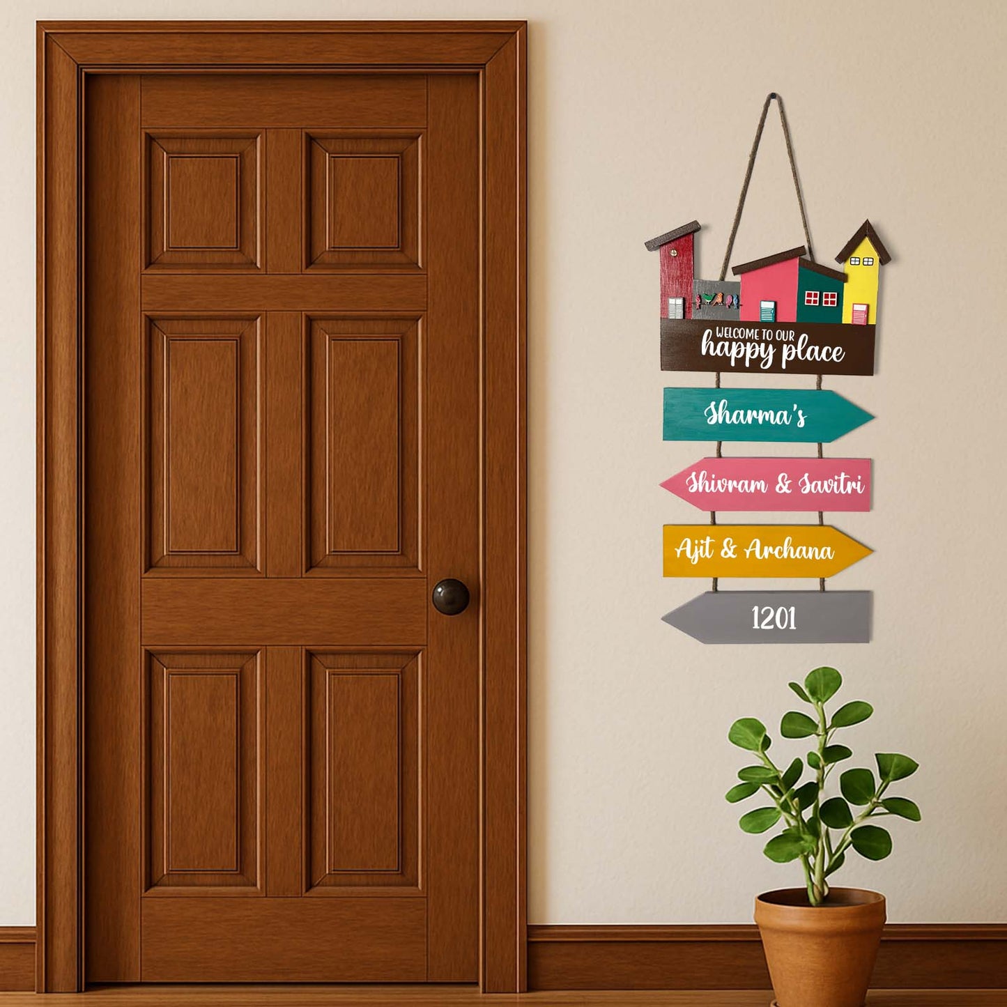 Hut-Shaped Hand-Painted Wooden Name Plate For Home - Hut Board & Four Planks Design 4