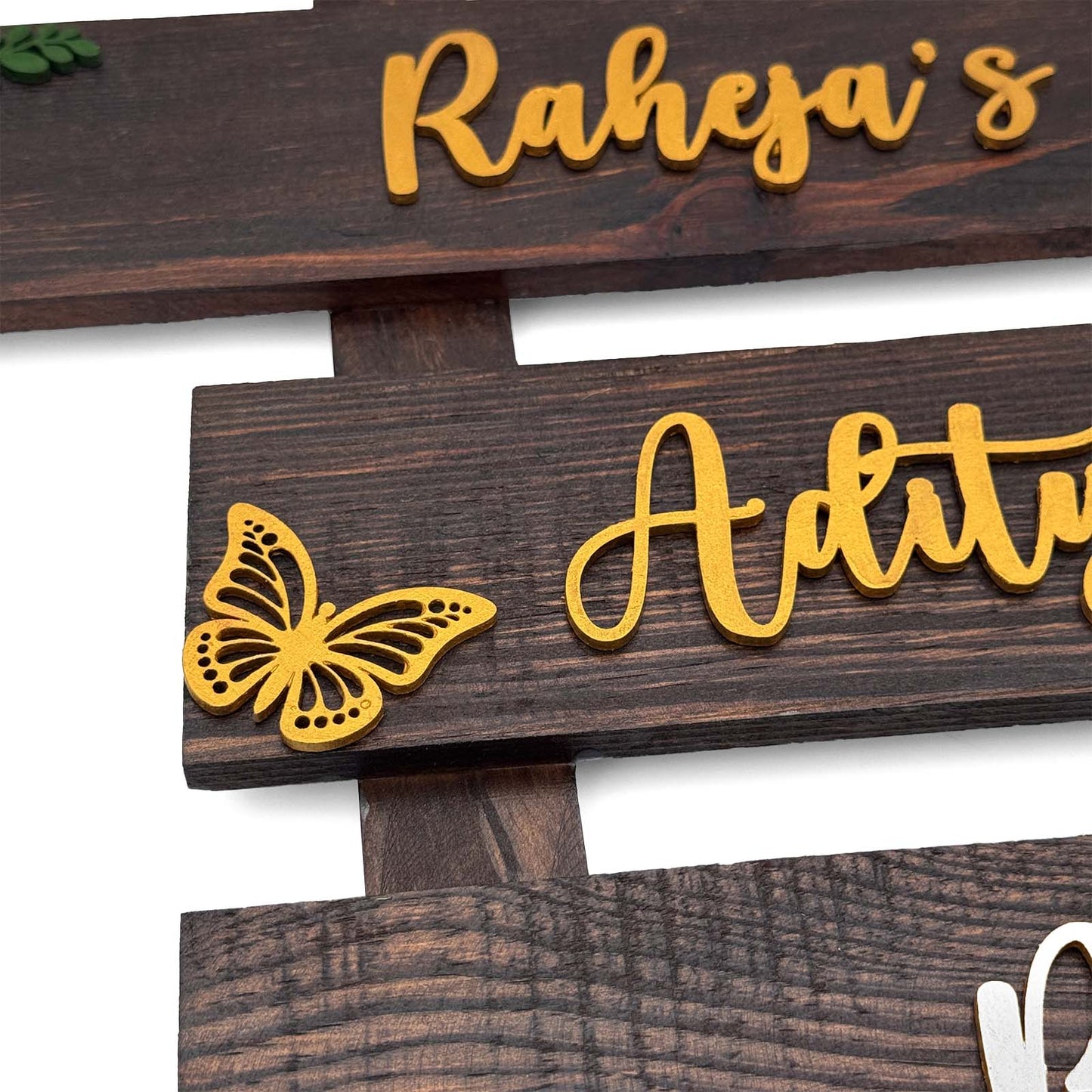 Butterfly & Flower Themed Hand-Painted Wooden Three Plank Name Plate For Home - Wooden Finish