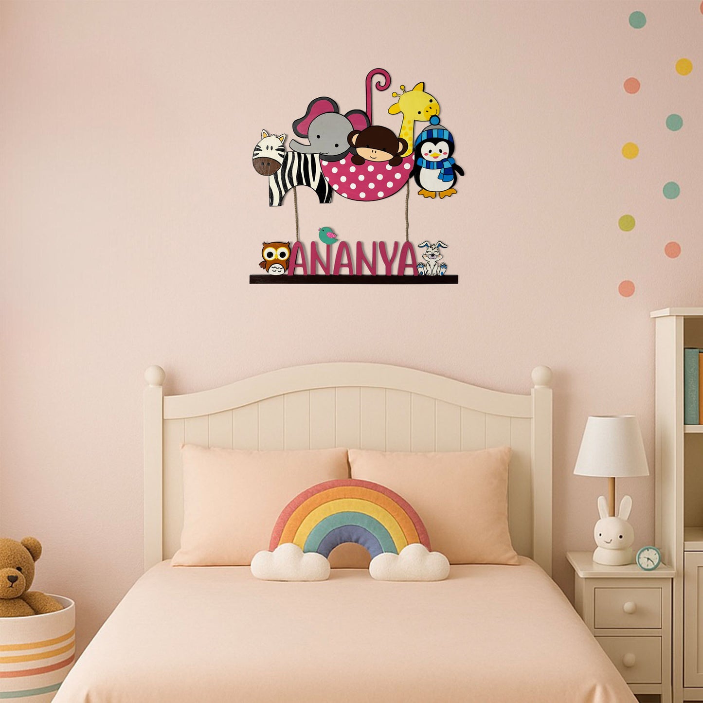 Animal Themed Hand-Painted Wooden Kids Name Plate - Design 1