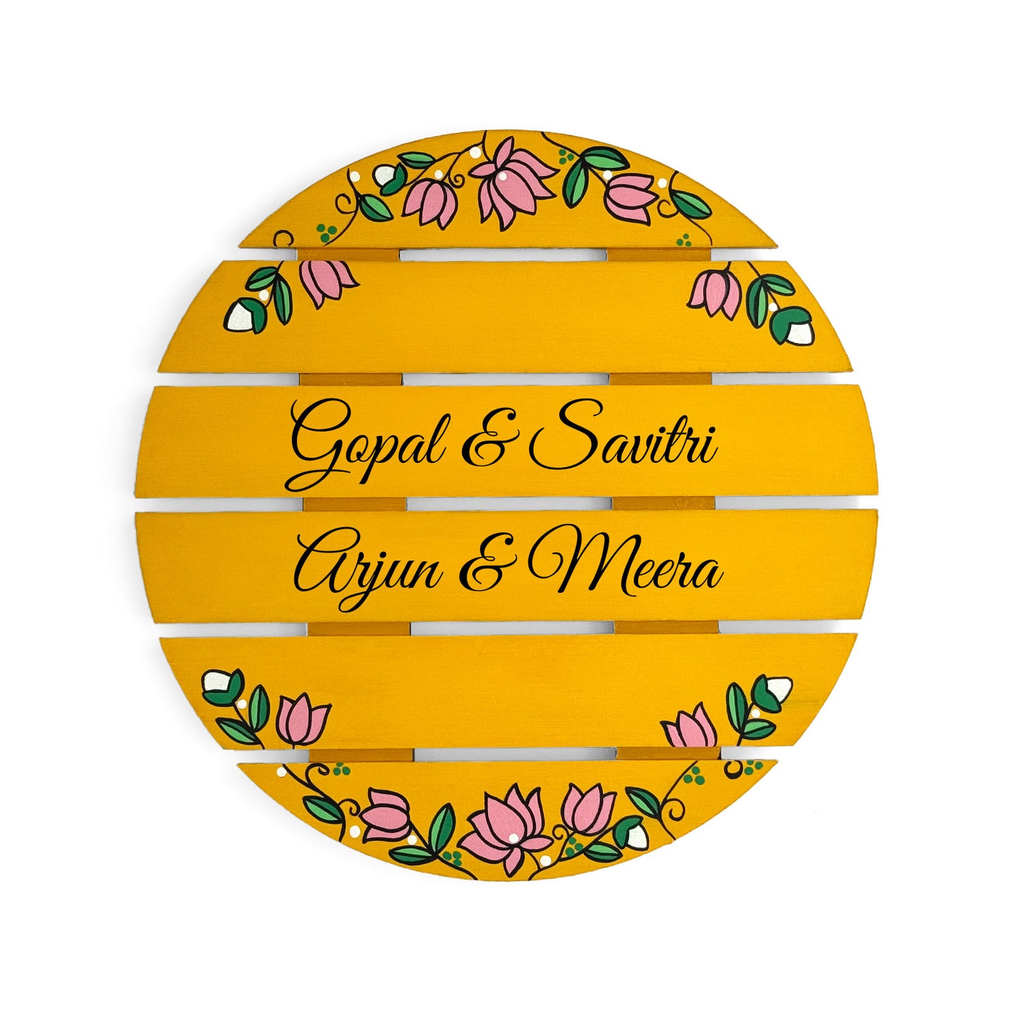 Lotus Artwork Hand-Painted Wooden Madhubani Round Name Plate For Home
