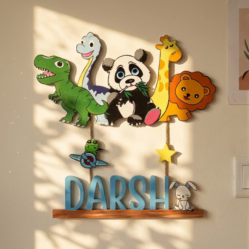 Animal and Dinosaur Themed  Hand-Painted Wooden Kids Name Plate - Design 1