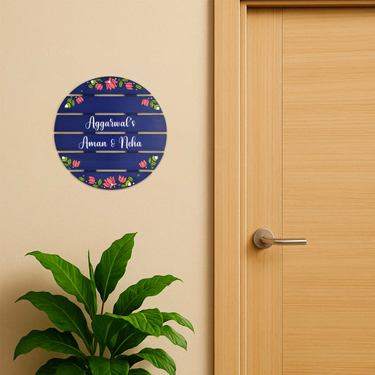 Lotus Artwork Hand-Painted Wooden Madhubani Round Name Plate For Home