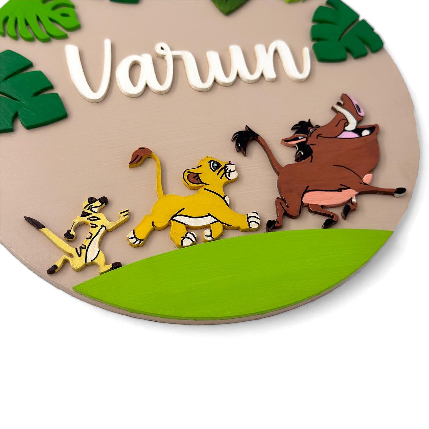 Lion King Simba Themed Hand-Painted Wooden Round Kids Name Plate - Design 3