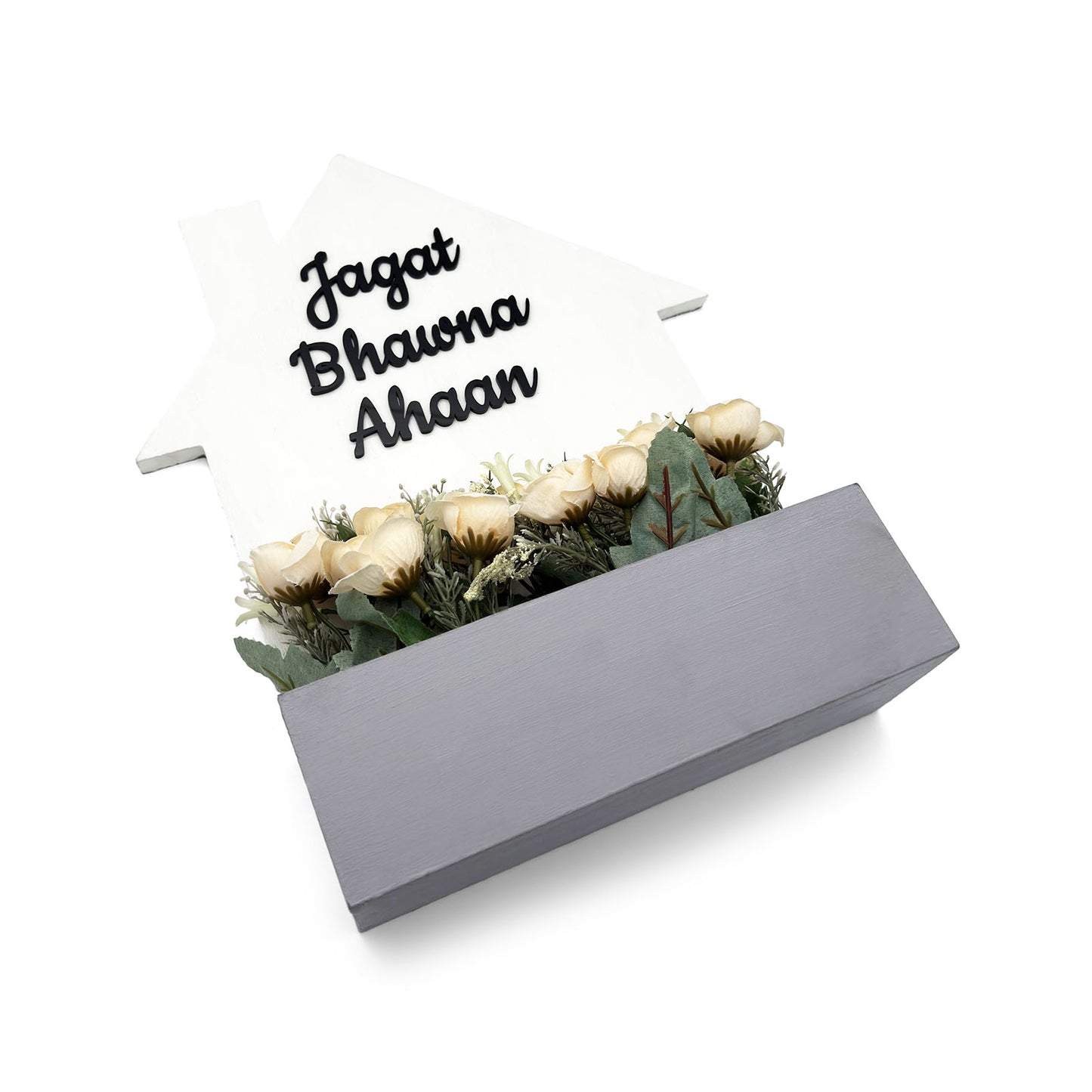 Hut-Shaped Hand-Painted Wooden Planter Name Plate For Home - White & Grey